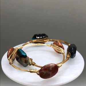 Bundle 2 wire stone bangle bracelets jasper and agate boho layering stack.